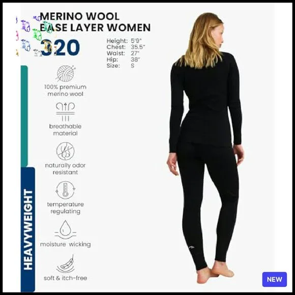 Merino Wool Base Layer Set Zip-Up Thermal Top Bottom Heavyweight - Picture 3 of 8